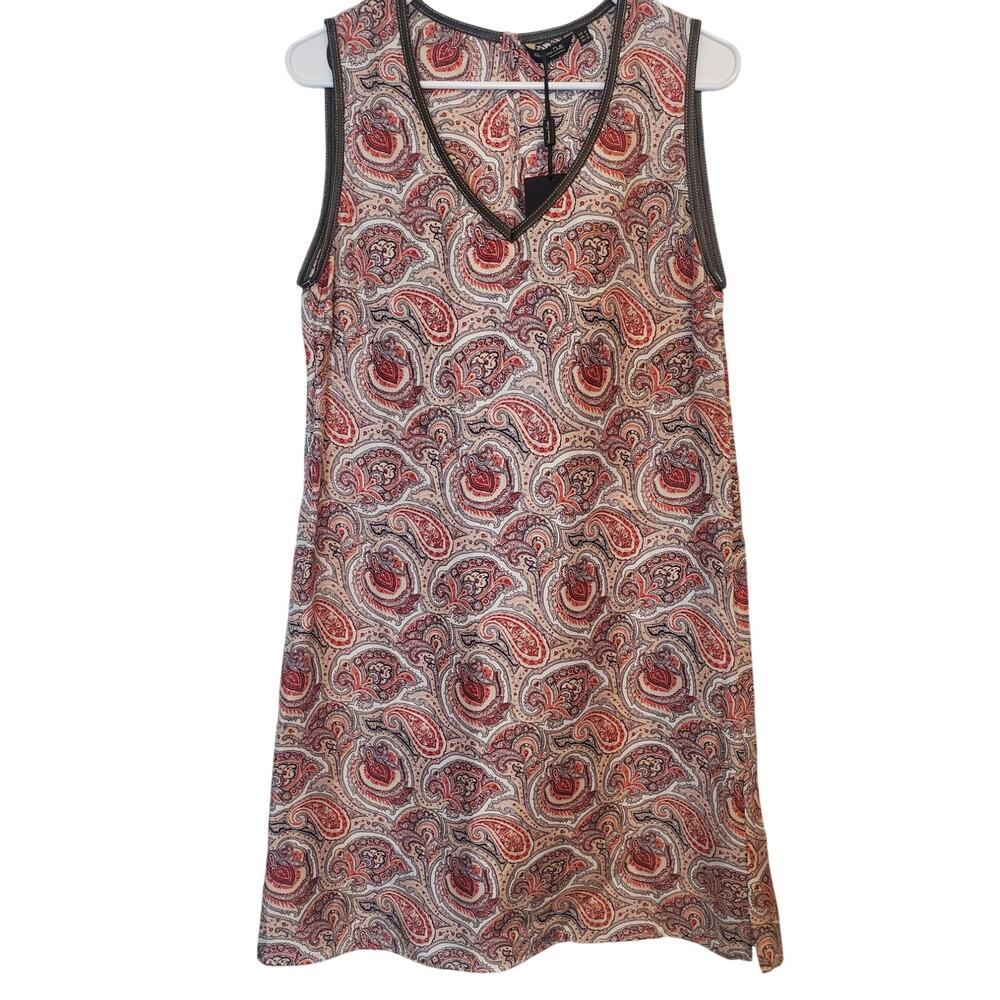 Massimo Dutti Silk Paisley Sheath Dress with Faux Leather Trim Size 10 NWT